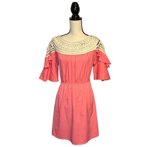 Women's Anthropologie Esley Pink Dress White Crochet Pattern Top Tiered Sleeve S - Picture 2 of 7